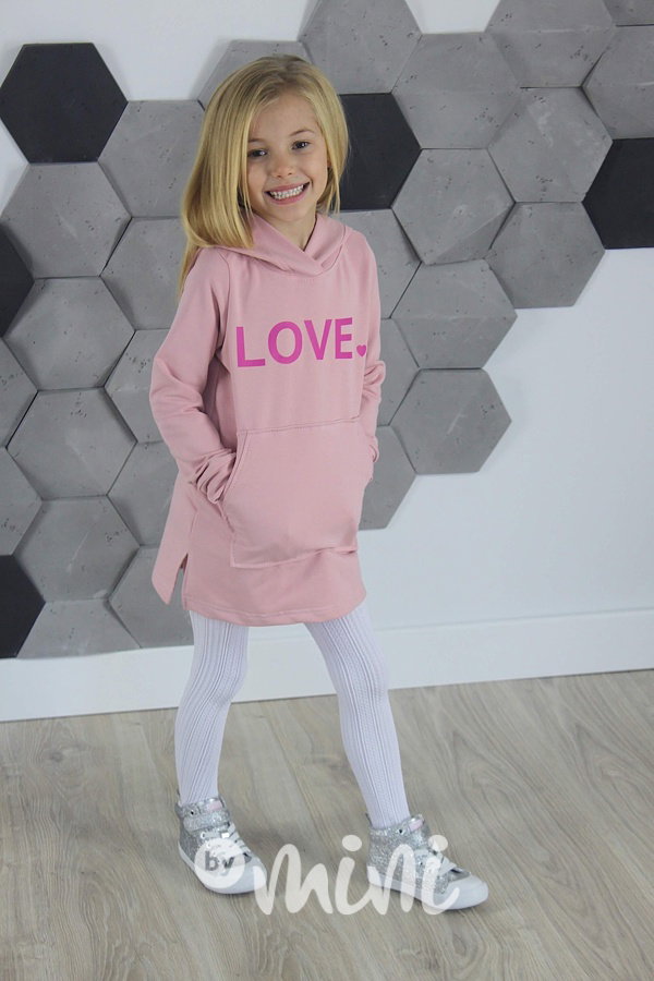 LOVE hoodie dress s kapucí růžová
