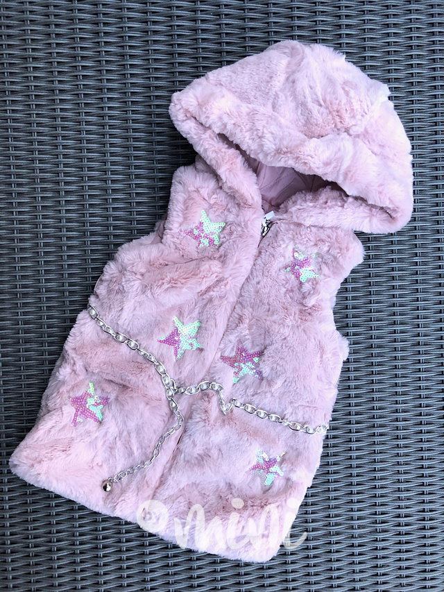 Růžová chlupatá dětská dívčí vesta s hvězdičkami + pásek