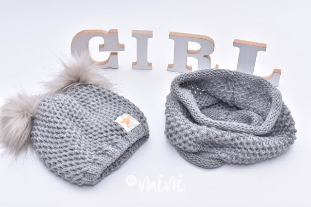 Pompon duo dívčí čepka s nákrčníkem - grey