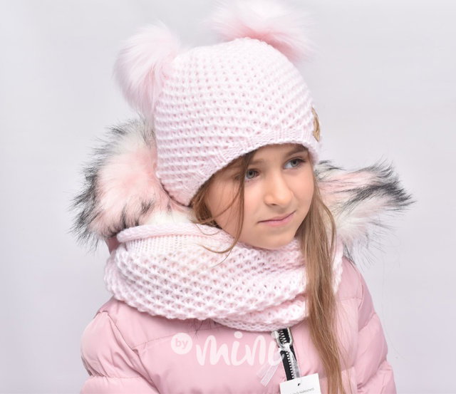 Pompon duo dívčí čepka s nákrčníkem - baby pink