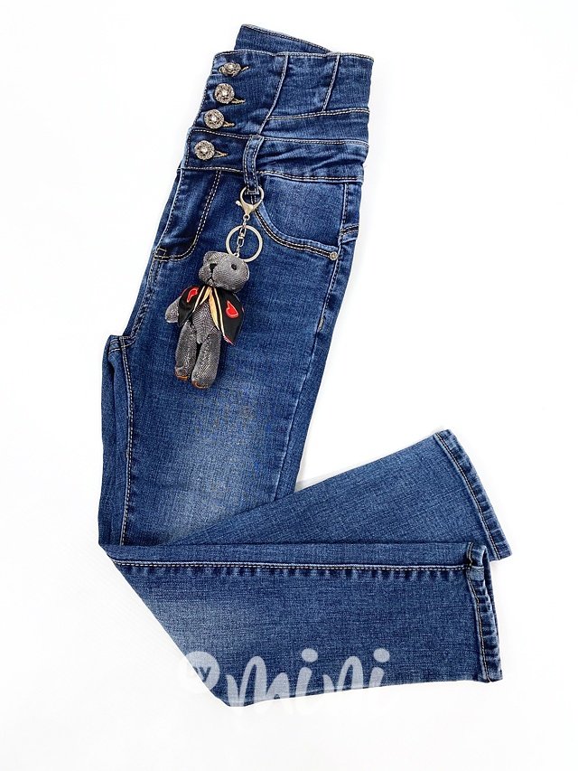 Dívčí jeansy se zvýšeným pasem + karabina méďa