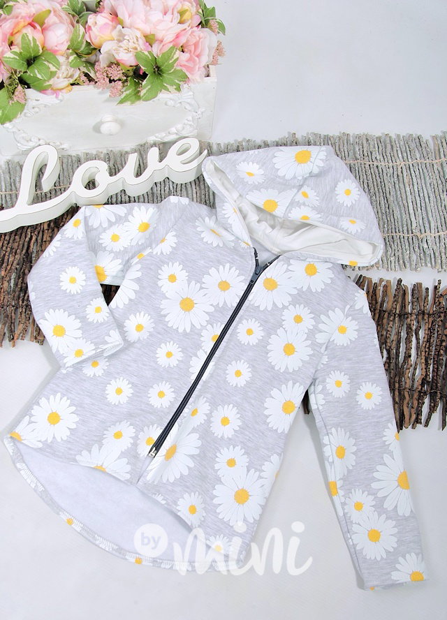 Šedá fleece long mikina kopretiny