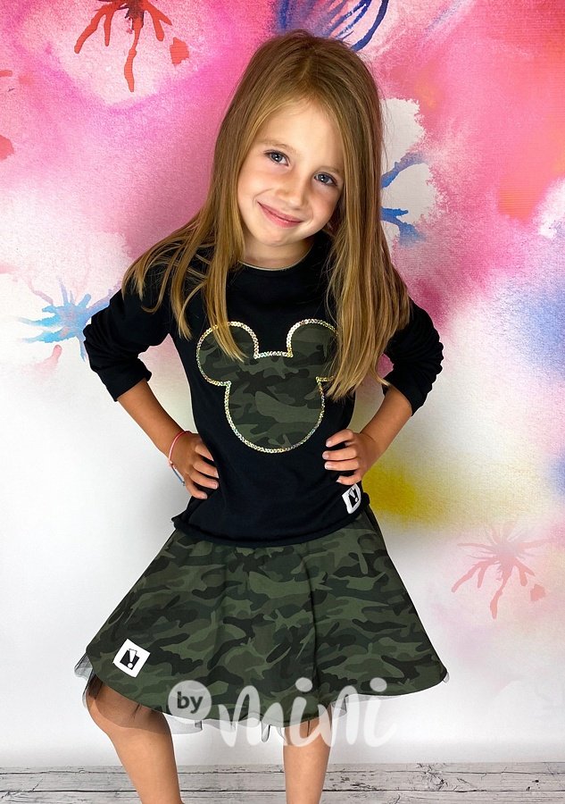 Dívčí army set triko, sukně - Mickey flitry