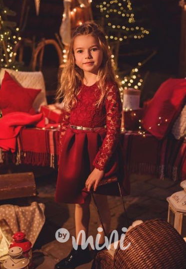 Dívčí sváteční šaty bordo s krajkovými rukávy