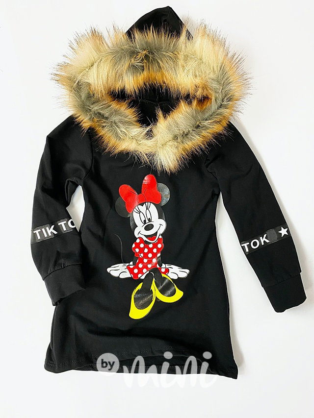 Minnie oteplená hoodie tunika s chloupkem kolem kapuce - černá