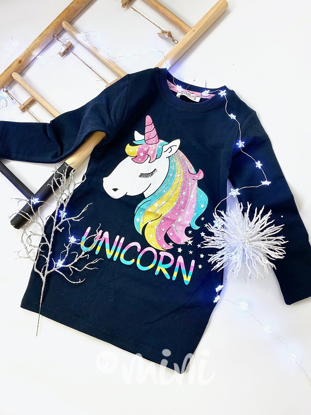 Unicorn dětská tunika s flitry - tmavě modrá