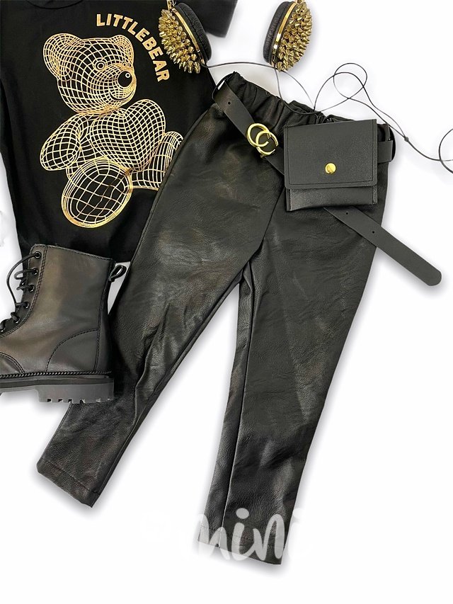 Eco leather kalhoty s páskem - černé
