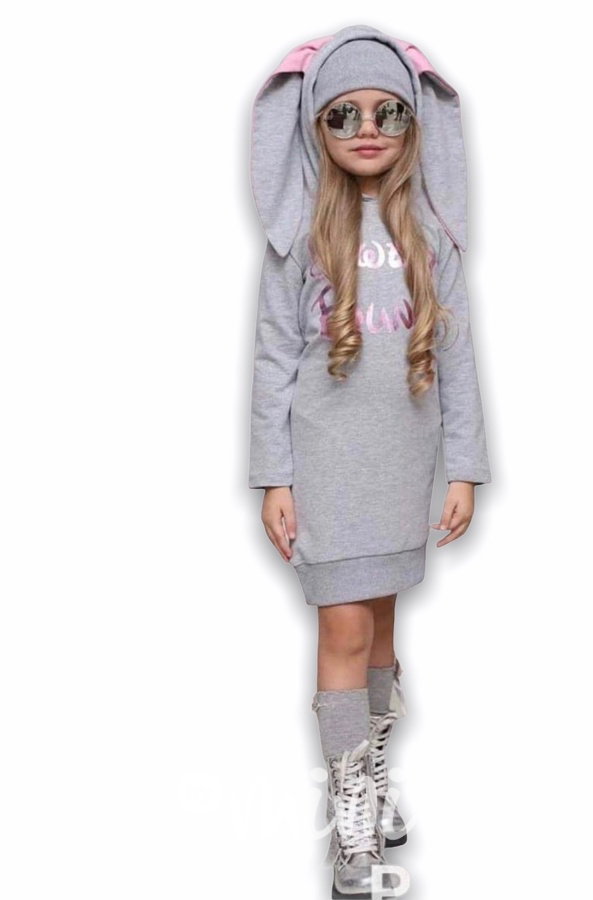 Sweet bunny hoodie tunika - šedá
