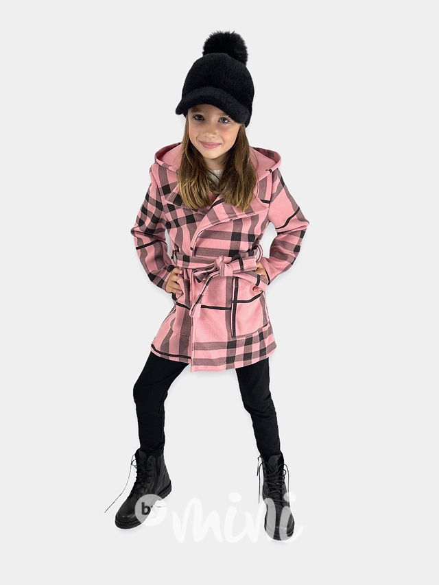 Flaušový hoodie kabát karo pink