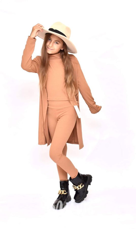 HIT 3-dílný žebrovaný set s kardiganem beige