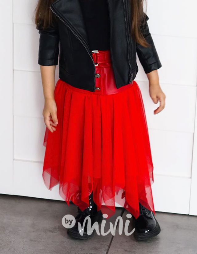MIDI eco leather sukně s tylem červená