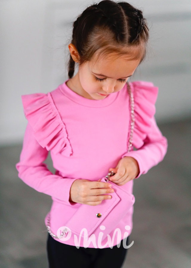Žebrovaná blůzka s volánky + kabelka pink
