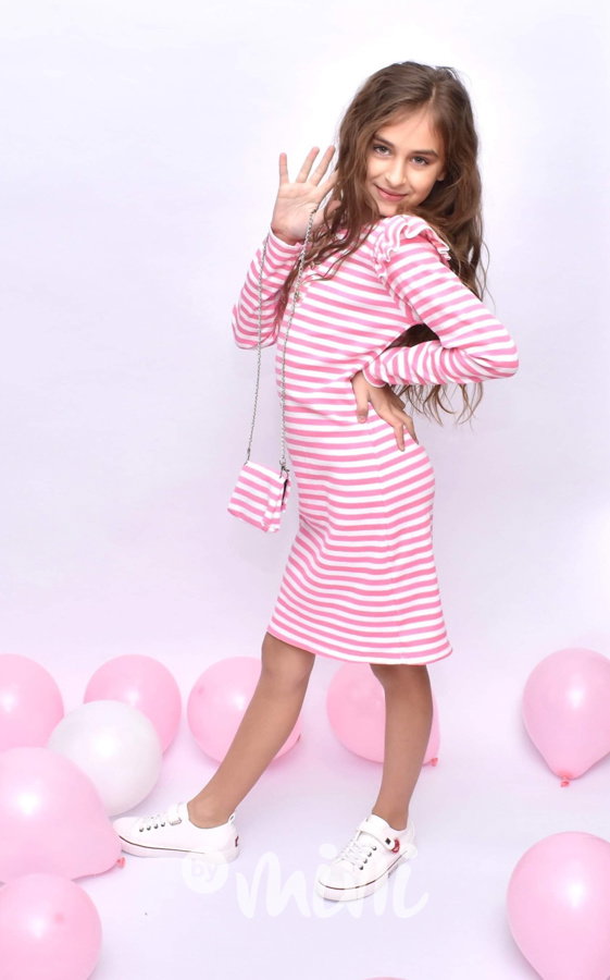 Žebrované fashion šaty s kabelkou pink