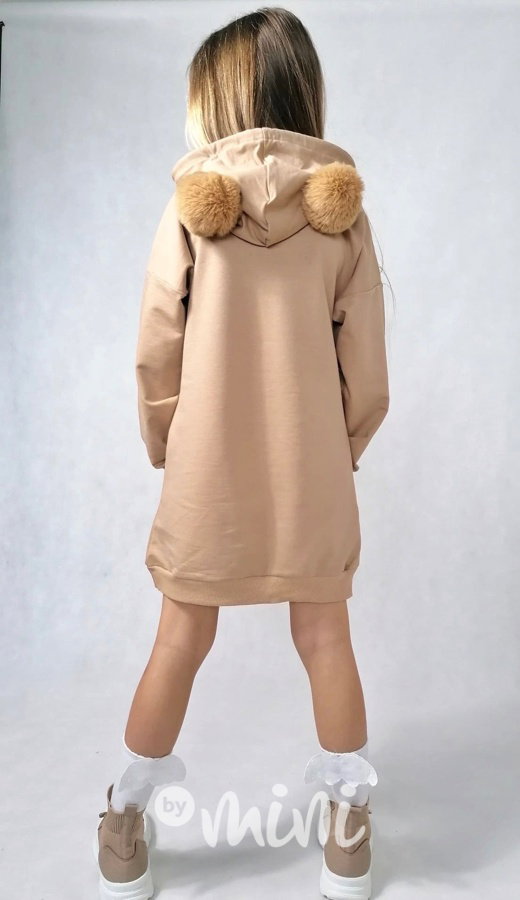 Hoodie mikinová tunika s bambulkama beige