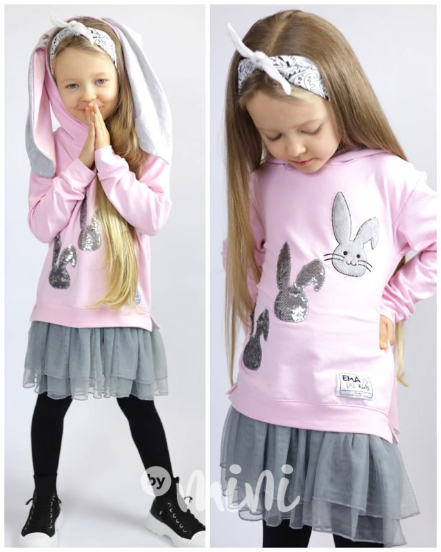 Bunny hoodie tunika s tylem a flitry pink