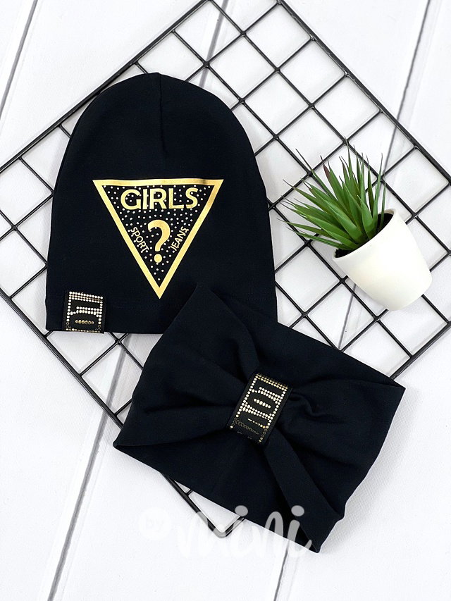 GIRLS čepka s kamínky + nákrčník černá