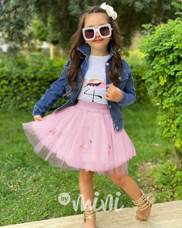 Flamingo tutu 3-dílný set s jeans bundou