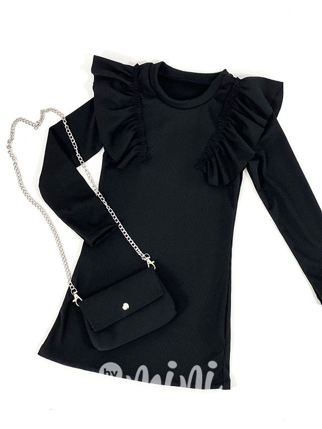 Žebrované stretch šaty s kabelkou černé