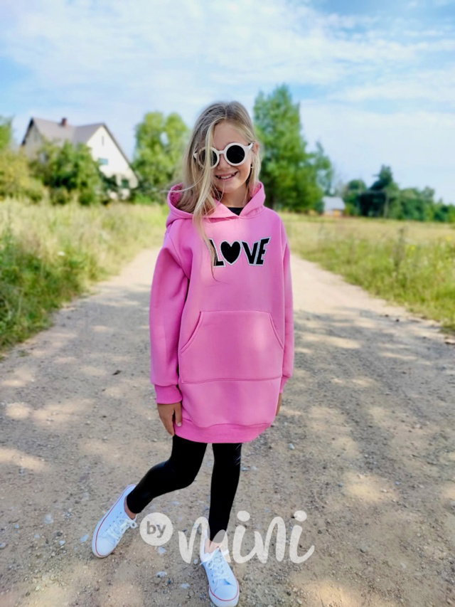 LOVE flísové mikinové hoodie šaty růžové