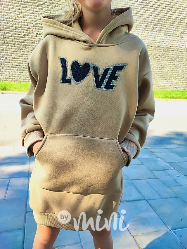 LOVE flísové mikinové hoodie šaty béžové