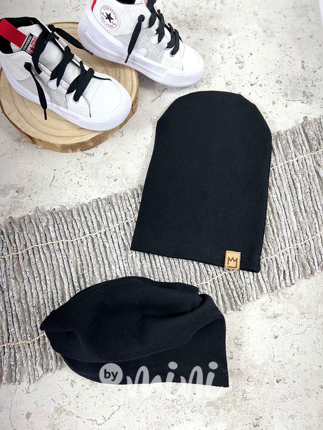 Žebrovaná houmles čepka s nákrčníkem - černá