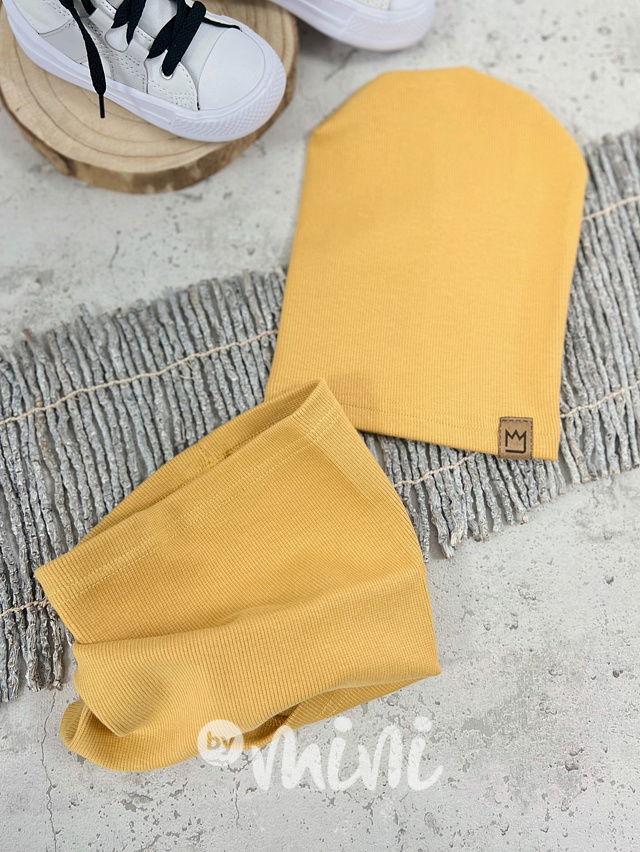 Žebrovaná houmles čepka s nákrčníkem - mustard