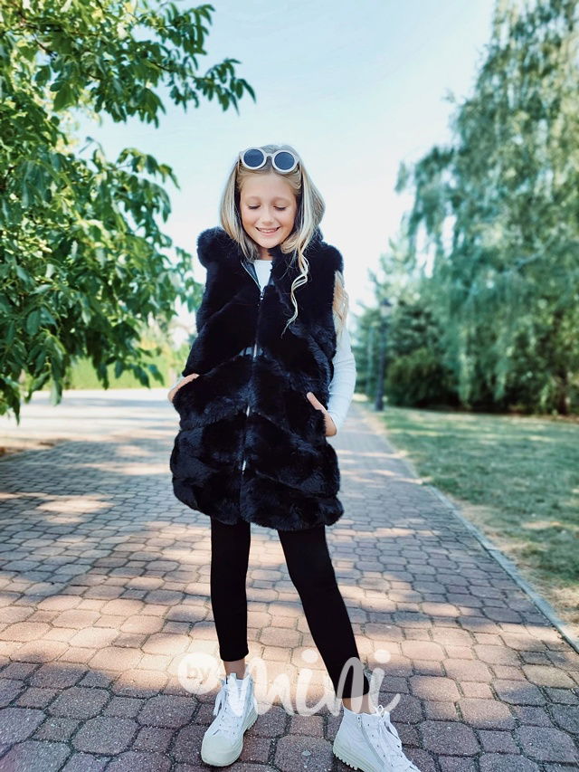 Chlupatá dlouhá hoodie vesta černá