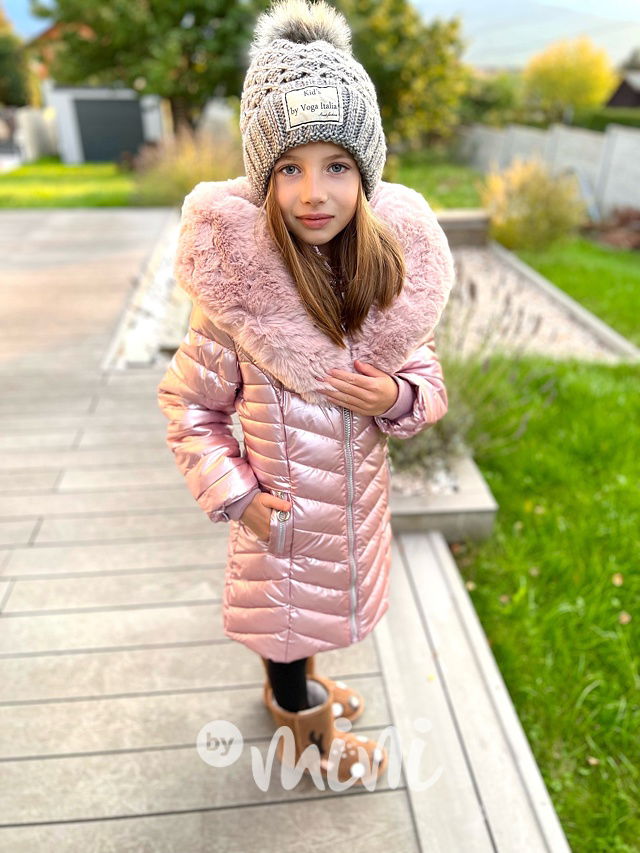 Zimní kabát s kožíškem pearl pink