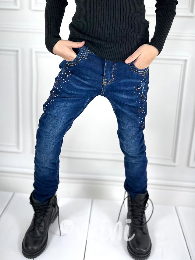 Super THERMO stretch džíny s flitry a kamínky modré