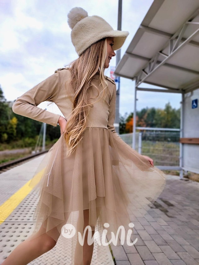 Žebrované šaty s tylem beige