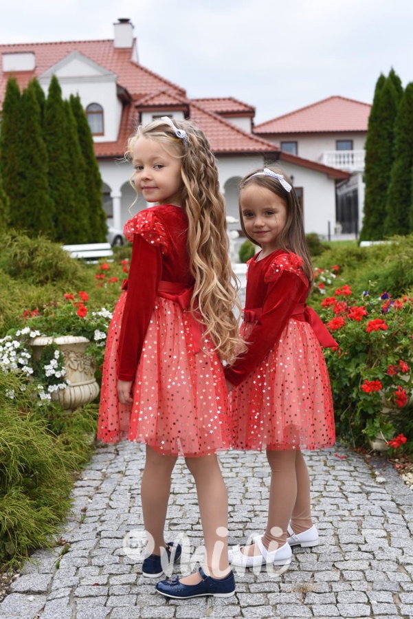Velur sváteční šaty se zlatými hvězdičkami červené