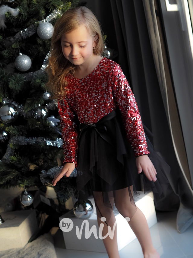 Metallic red flitr šaty s tylem