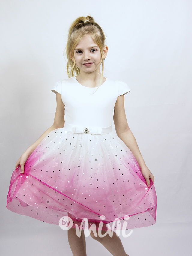 Společenské ombre šaty s hvězdičkami white/pink