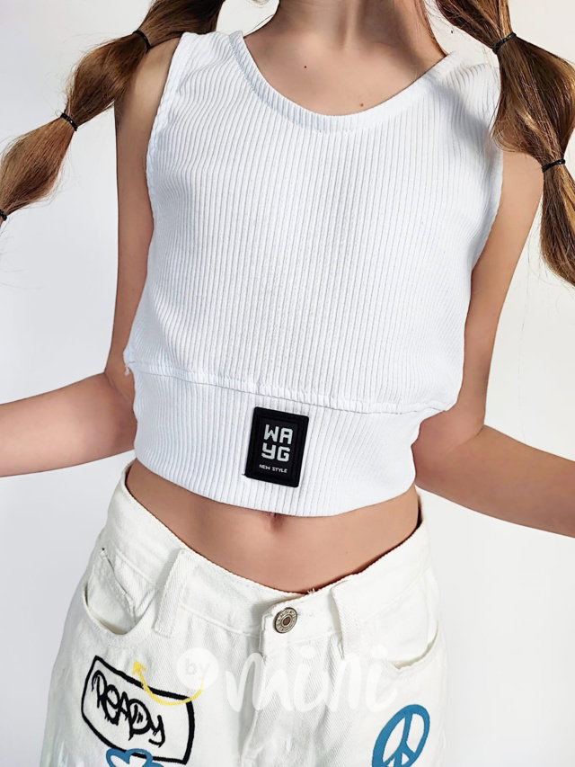 Žebrovaný sporty crop top bílý