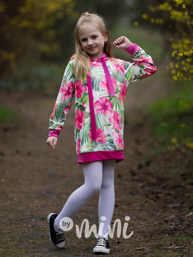 Soft velurová hoodie tunika flowers amarant