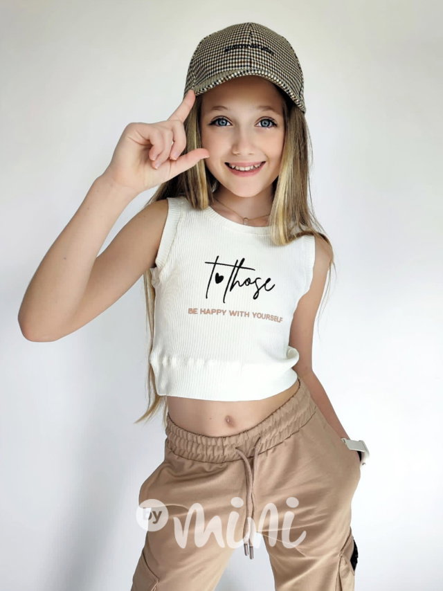 Žebrovaný sporty crop top HAPPY cream