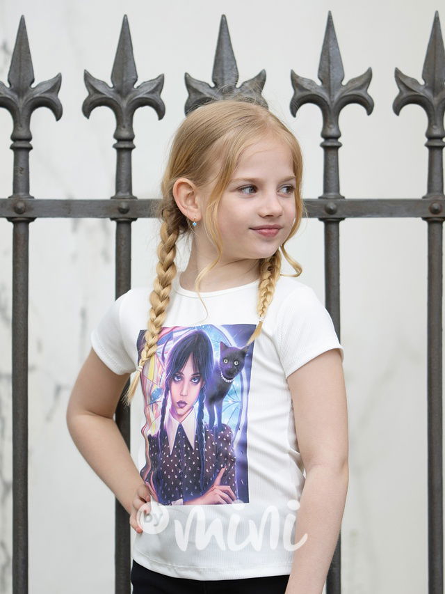 Wednesday žebrované triko cat bílé