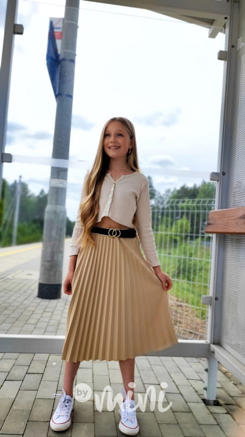 Midi plisovaná sukně s páskem béžová