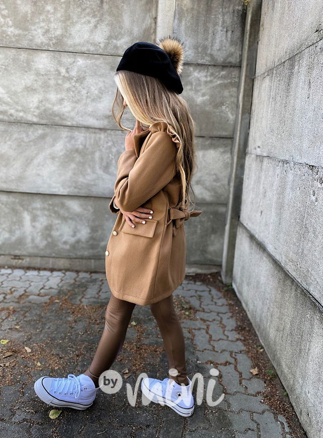 Flaušový kabát s řasením beige