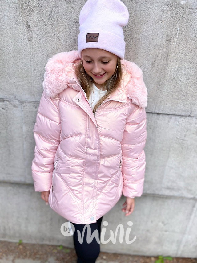 Zimní metalická long bunda pink