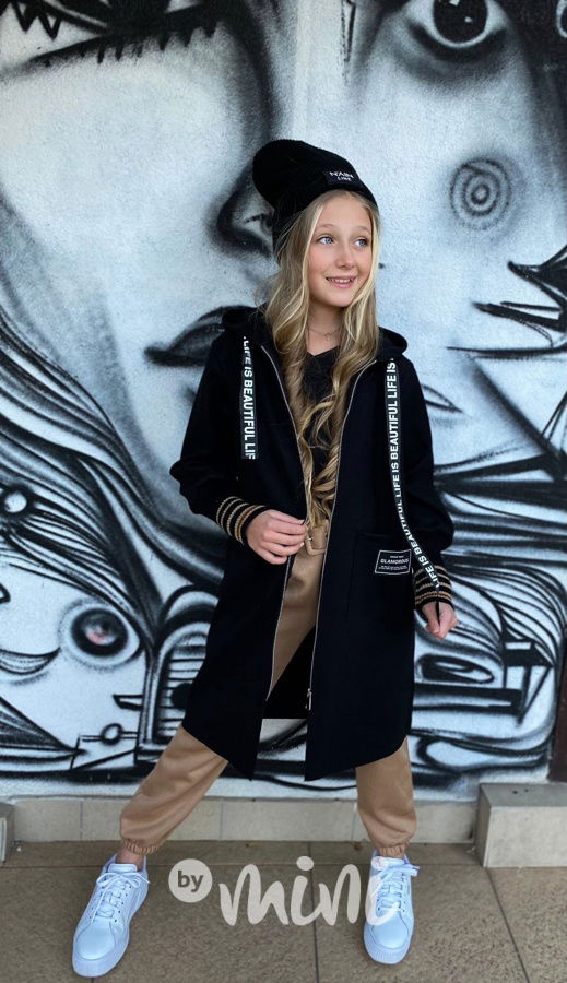 Fashion flauš kabátek s náplety black