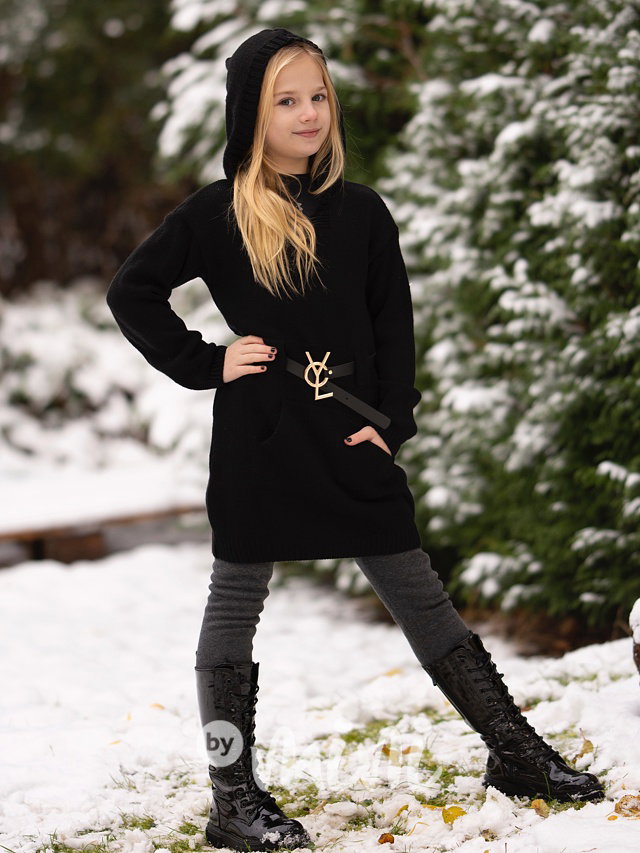 Svetrové hoodie šaty s páskem černé