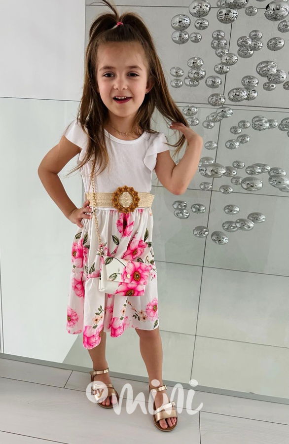 Květované šaty s páskem a kabelkou white/pink