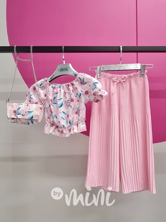 Plisované volné kalhoty + blůzka + kabelka pink