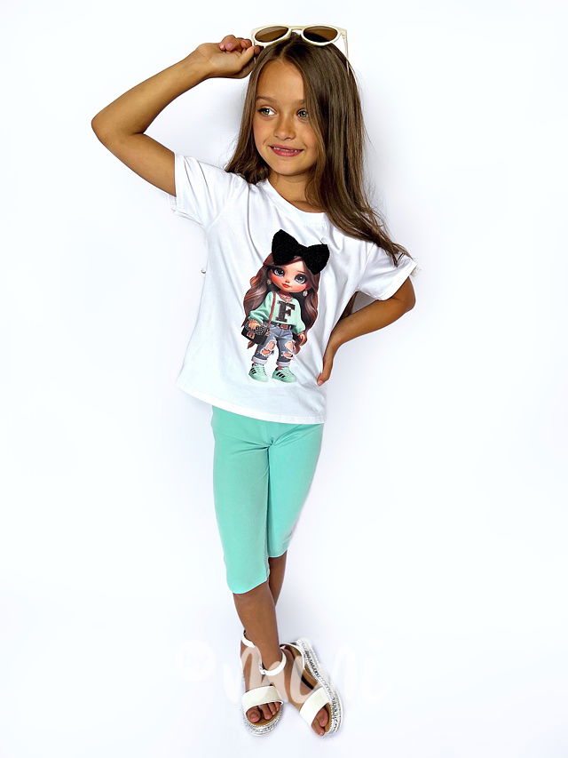 Fashion girl triko s mašličkou + kraťasy mint