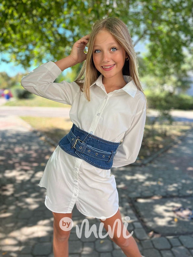 Long košile s denim páskem bílá