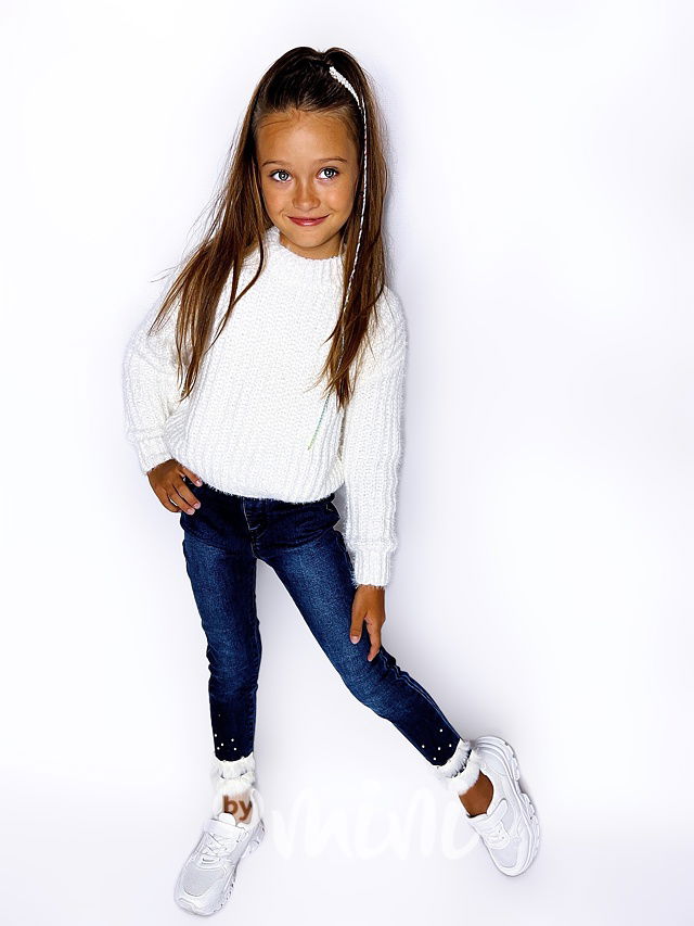 Denim jegginy s perličkami a chloupkem