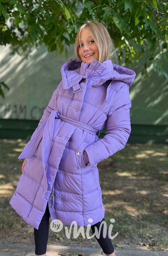 Zimní dlouhý kabát s páskem lila