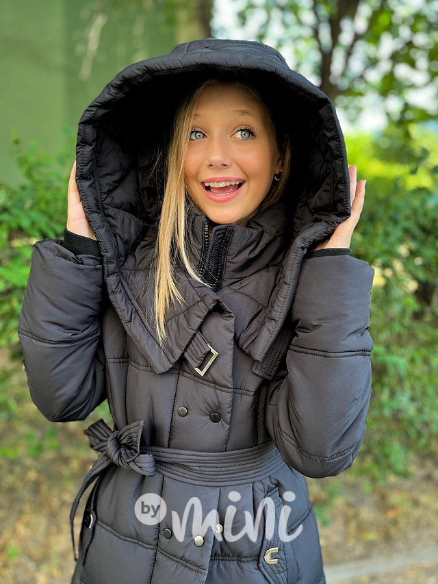 Zimní dlouhý kabát s páskem černý