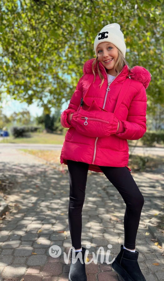 Zimní malinová bunda s kabelkou